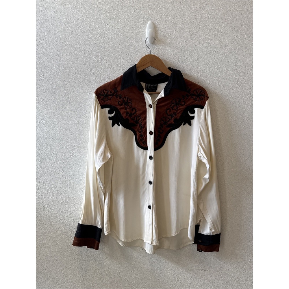 Cream Western-Style Button-Down Shirt with Brown & Black Yoke